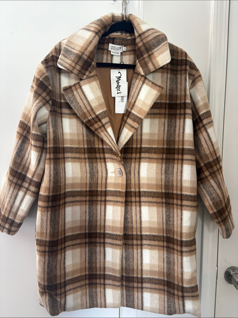 Molly Bracken Brown & Cream Plaid Single-Button Pea Coat